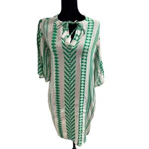 Goa Beachwear by Japna Green White Geometric Tassel Tie Tunic Dress Womens Small